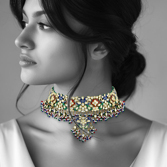 Polki Choker with Multicoloured Enamel and Beads